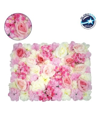 GloboStar® 78304 Συνθετικό Πάνελ Λουλουδιών - Κάθετος Κήπος Τριαντάφυλλο - Ορτανσία - Βιολέτα Μ60 x Υ40 x Π7cm